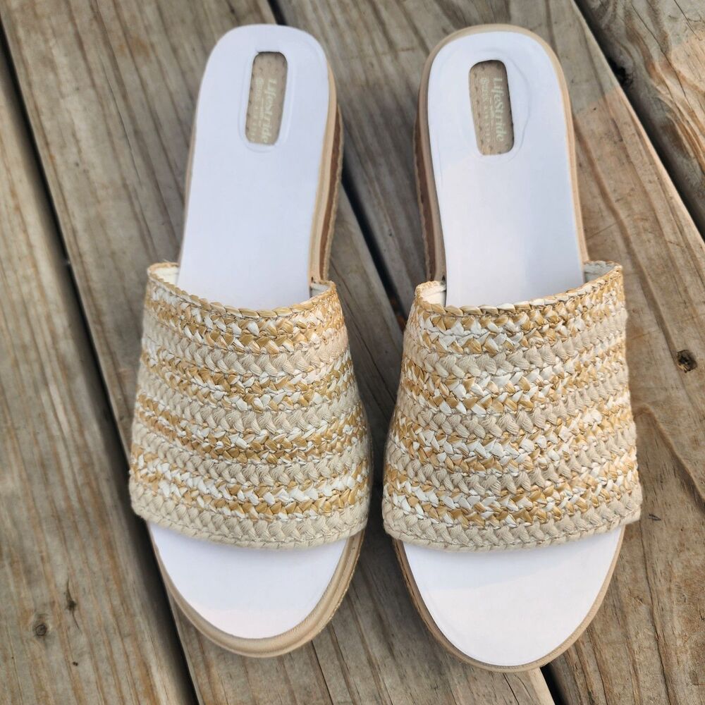 Lifestride Breezy Runaway Beige Womens Sz 8.5M Sandals Woven Cork Wedge Slides